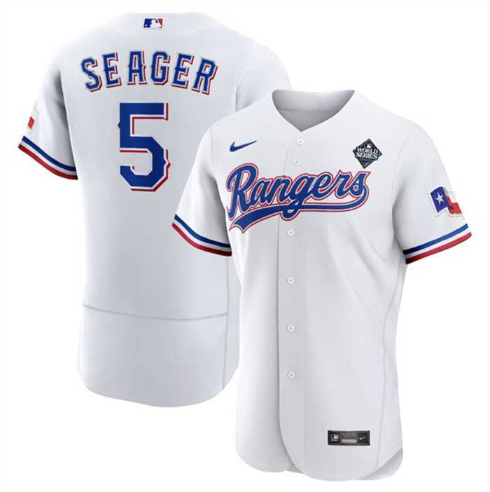 Men%27s Texas Rangers #5 Corey Seager White 2023 World Series Flex Base Stitched Baseball Jersey Dzhi